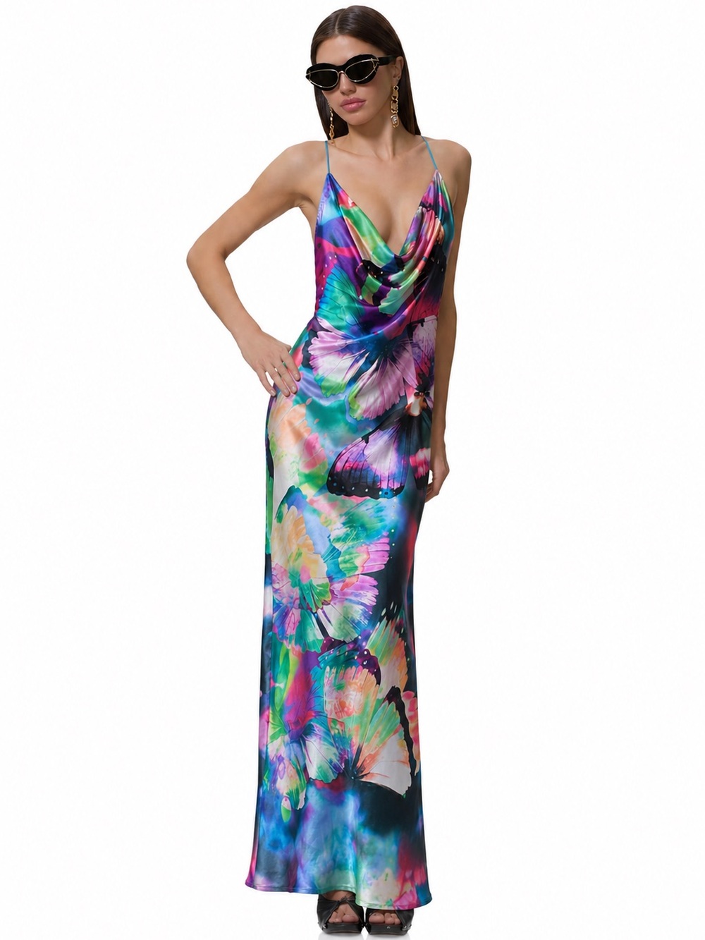 AFRM Colorful Butterfly Print Cowl Neck Backless Maxi Dress